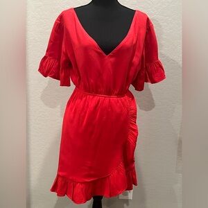 Sabo Luxe size Small Red V neck dress with ruffled sleeves and skirt hem